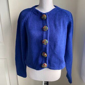 Vintage Express Tricot Royal Blue Knit Cardigan with Beaded Buttons
